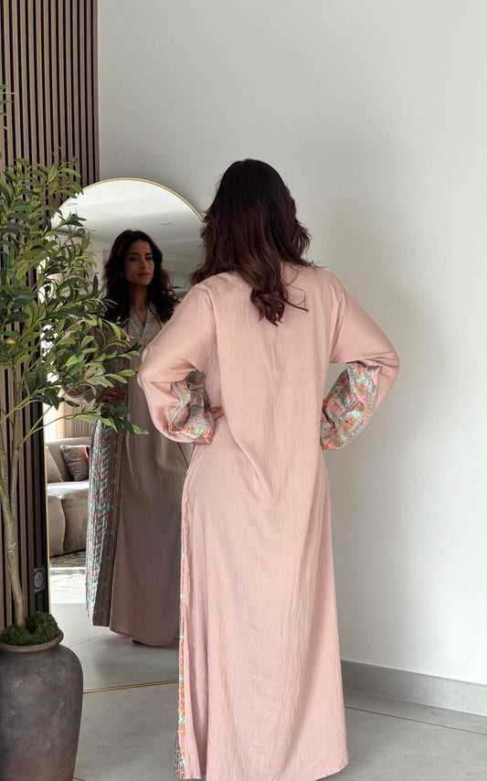 Robe longue évasée brodée - Rose poudré